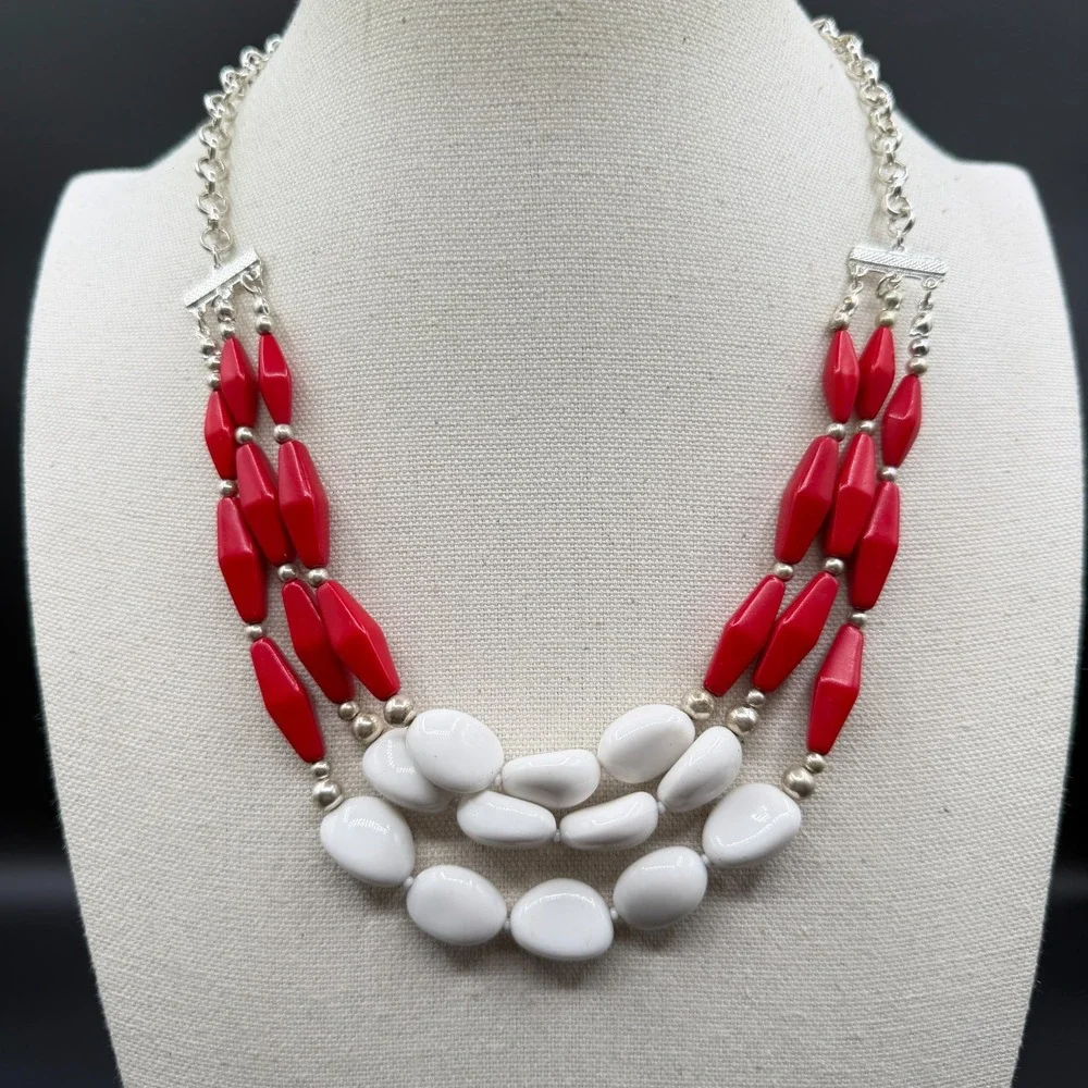 Red White Beaded Statement Necklace Silver Tone Triple Strand Chunky Boho Gift